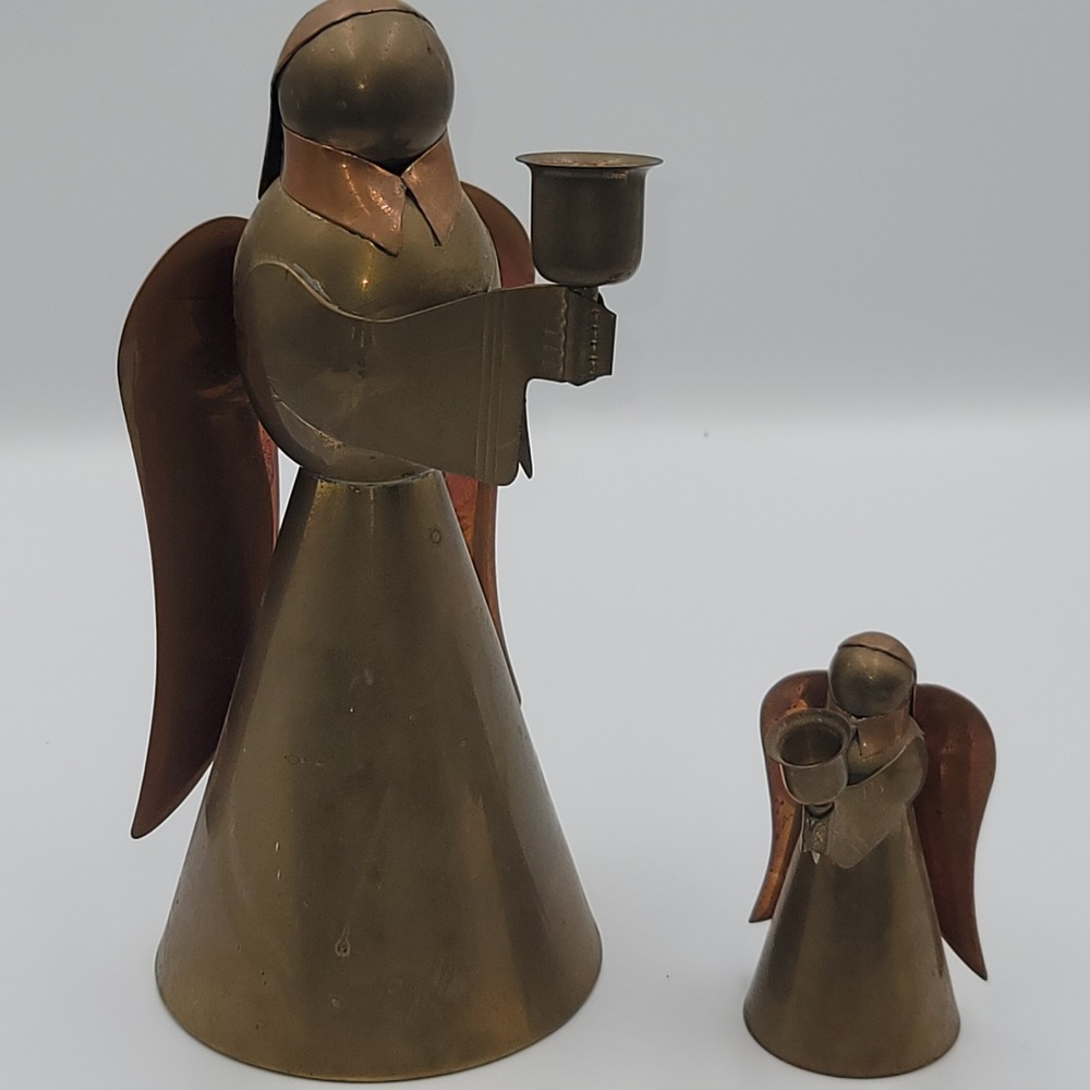 Vintage Penco Brass Copper Angel Candle Holder Set Mid Century Folk Art 2pc